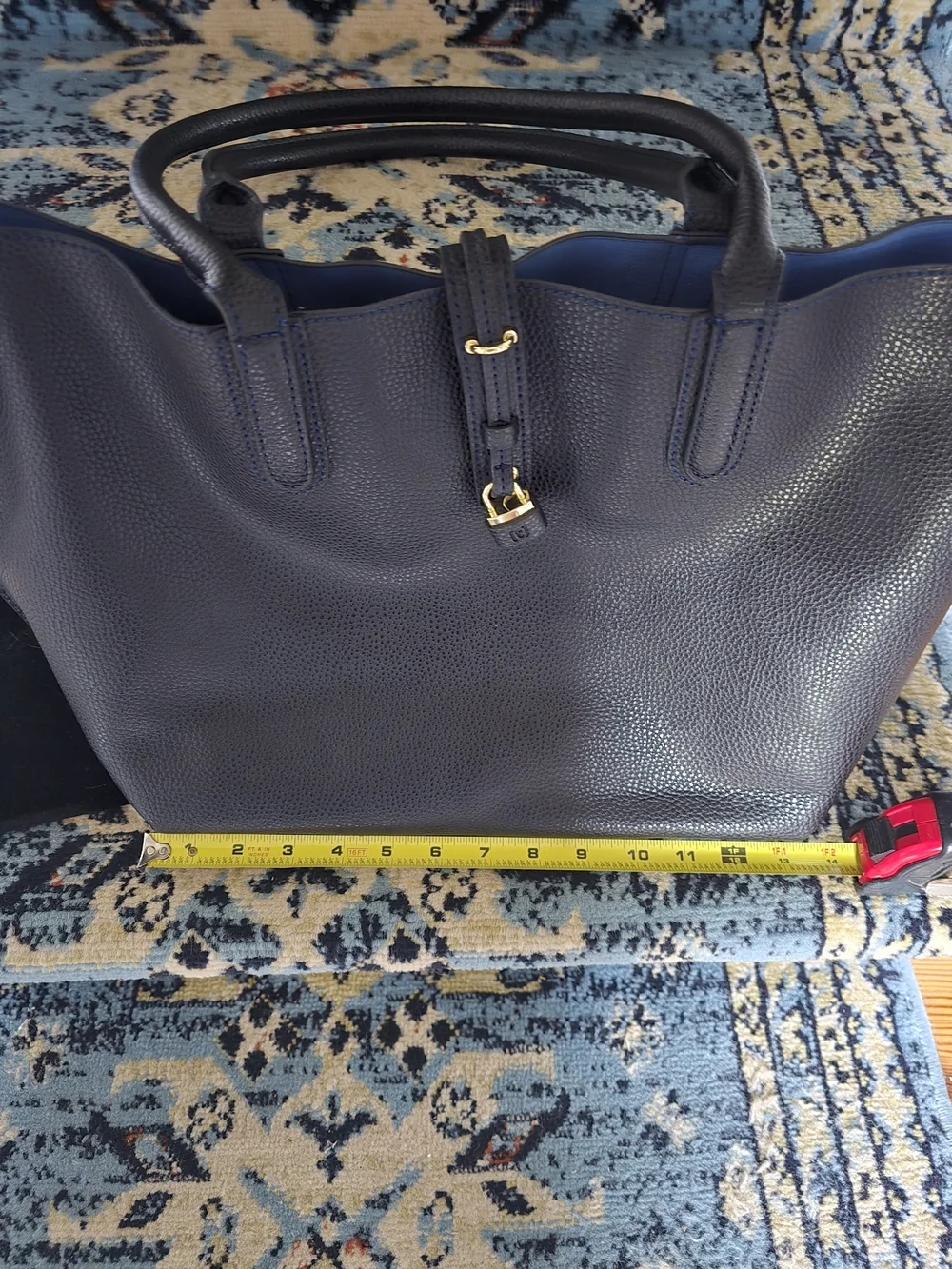 Women's Black (PVC That Feels Like Leather) Tote Bag with Blue Interior